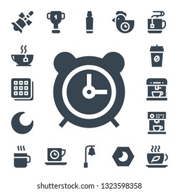 morning icon set. 17 filled morning icons.  Collection Of - Bell, Tea, Waffle, Alarm clock, Night, Coffee, Coffee machine, Cup, Tea time, Toothpaste, Morning, Mug