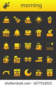 morning icon set. 26 filled morning icons.  Simple modern icons such as: Coffee, Bell, Sunrise, Coffee shop, Cup, French press, Notification, Alarm clock, Tea, Night, Mug, Paper cup