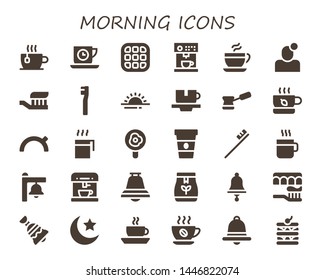 morning icon set. 30 filled morning icons.  Simple modern icons about  - Cup, Tea time, Waffle, Coffee machine, Coffee, Notification, Toothbrush, Sunrise, Tea, Evening, Fried egg