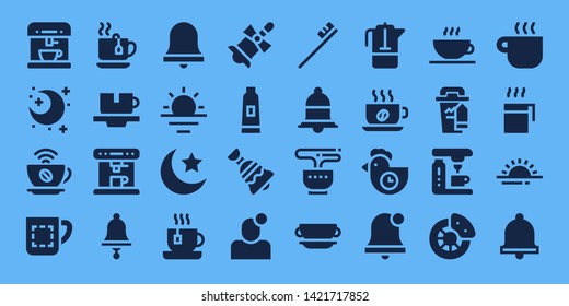 morning icon set. 32 filled morning icons. on blue background style Collection Of - Coffee machine, Night, Coffee, Mug, Tea, Cup, Bell, Alarm bell, Sunrise, Toothpaste, Notification