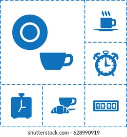 Morning icon. set of 6 morning filled icons such as dish, coffee and croissant, cup, digital clock