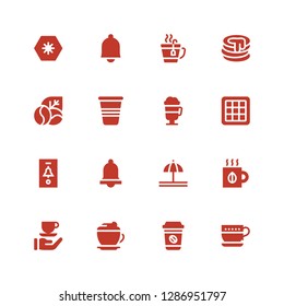 morning icon set. Collection of 16 filled morning icons included Cup, Coffee, Mocha, Tea, Bell, Notification, Waffle, Irish coffee, Coffee beans, Pancake, Day
