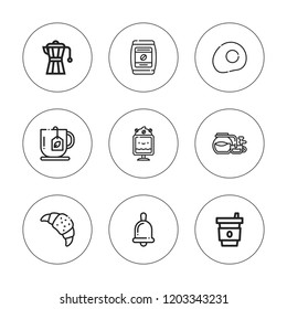 Morning icon set. collection of 9 outline morning icons with bell, coffee maker, coffee, croissant, fried egg icons. editable icons.