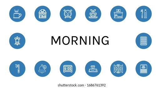 morning icon set. Collection of Coffee cup, Coffee shop, Alarm clock, Herbal tea, Toothbrush, Bell, Break, Beans, Bacon icons