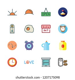 morning icon set. vector set about fried egg, alarm clock, window and coffee pot icons set.