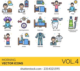 Morning Icons including A.M, Afternoon, Alarm, April, August, Awake, Breakfast, Brush Teeth, Clock, Coffee, Dawn, Day, December, Dusk, Early Bird, Early Morning, Evening, Exercise, February, Friday