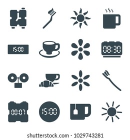 Morning icons. set of 16 editable filled morning icons such as sun, coffee and croissant, coffee cup, tooth brush, digital clock, alarm, toothbrush, tea