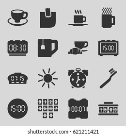 Morning icons set. set of 16 morning filled icons such as sun, toothbrush, tea cup, coffee and croissant, coffee cup, cup, glued note, mug, digital clock
