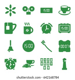 Morning icons set. set of 16 morning filled icons such as lighthouse, sun, coffee, coffee and croissant, coffee cup, tooth brush, tea cup, bell, digital clock