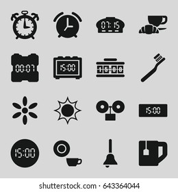 Morning icons set. set of 16 morning filled icons such as sun, toothbrush, dish, tea cup, coffee and croissant, bell, digital clock