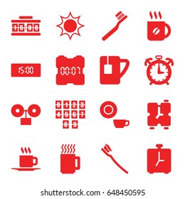 Morning icons set. set of 16 morning filled icons such as toothbrush, dish, coffee, tooth brush, tea cup, cup, mug, digital clock, alarm