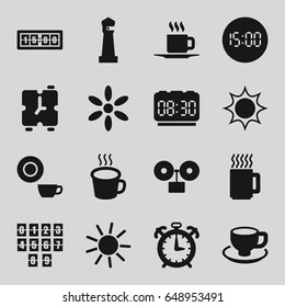 Morning icons set. set of 16 morning filled icons such as lighthouse, sun, dish, coffee cup, cup, mug, digital clock