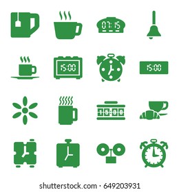 Morning icons set. set of 16 morning filled icons such as sun, tea cup, coffee and croissant, cup, bell, mug, digital clock, alarm
