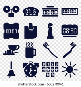Morning icons set. set of 16 morning filled icons such as lighthouse, sun, toothbrush, coffee and croissant, tooth brush, glued note, bell, mug, digital clock