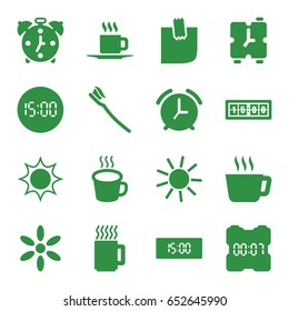 Morning icons set. set of 16 morning filled icons such as sun, tooth brush, cup, glued note, mug, digital clock, alarm