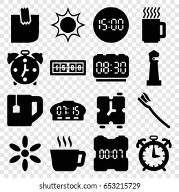 Morning icons set. set of 16 morning filled icons such as lighthouse, sun, tea cup, tooth brush, glued note, mug, digital clock, alarm