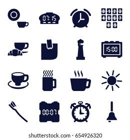 Morning icons set. set of 16 morning filled icons such as lighthouse, sun, dish, coffee and croissant, cup, tooth brush, glued note, bell, mug, digital clock, alarm