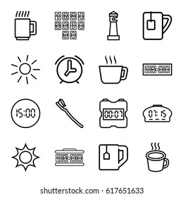 Morning icons set. set of 16 morning outline icons such as lighthouse, sun, tea cup, tooth brush, cup, mug, digital clock, alarm