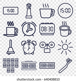 Morning icons set. set of 16 morning outline icons such as lighthouse, sun, toothbrush, cup, bell, digital clock, alarm