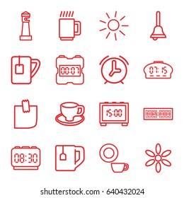 Morning icons set. set of 16 morning outline icons such as lighthouse, sun, dish, tea cup, coffee cup, glued note, bell, mug, digital clock
