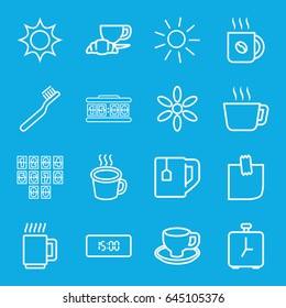 Morning icons set. set of 16 morning outline icons such as sun, toothbrush, coffee, tea cup, coffee and croissant, coffee cup, cup, glued note, mug, digital clock, alarm