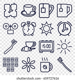 Morning icons set. set of 16 morning outline icons such as sun, toothbrush, coffee, tea cup, coffee and croissant, coffee cup, tooth brush, digital clock