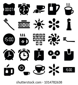 Morning icons. set of 25 editable filled morning icons such as lighthouse, sun, dish, coffee, coffee cup, tooth brush, tea cup, cup, glued note, digital clock, alarm