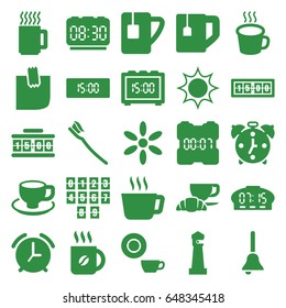 Morning icons set. set of 25 morning filled icons such as lighthouse, sun, dish, coffee, tea cup, coffee and croissant, coffee cup, tooth brush, cup, glued note, bell, mug