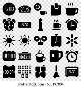 Morning icons set. set of 25 morning filled icons such as lighthouse, sun, dish, tea cup, cup, glued note, bell, digital clock, alarm