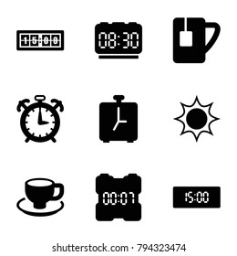 Morning icons. set of 9 editable filled morning icons such as sun, coffee cup, tea cup, digital clock