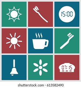 Morning icons set. set of 9 morning filled icons such as sun, toothbrush, tooth brush, bell, digital clock
