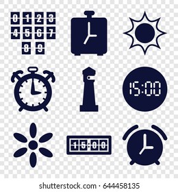 Morning icons set. set of 9 morning filled icons such as lighthouse, sun, digital clock