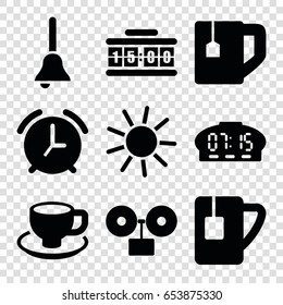 Morning icons set. set of 9 morning filled icons such as sun, tea cup, coffee cup, bell, digital clock
