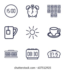 Morning icons set. set of 9 morning outline icons such as sun, coffee cup, tea cup, digital clock