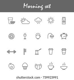 Morning icons set with coffe, tea, breakfast, sports, cake, donut