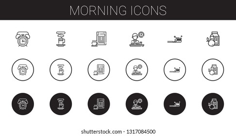 morning icons set. Collection of morning with alarm clock, coffee cup, coffee, breakfast, tooth brush. Editable and scalable morning icons.