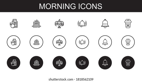 morning icons set. Collection of morning with breakfast, pancakes, cup, bell, coffee. Editable and scalable morning icons.