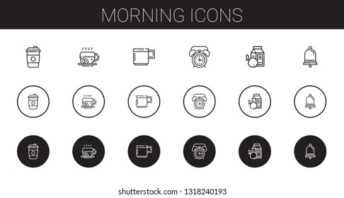 morning icons set. Collection of morning with coffee, mug, alarm clock, breakfast, notification. Editable and scalable morning icons.