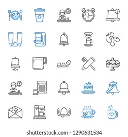 morning icons set. Collection of morning with mug, coffee, bell, coffee maker, notification, pancakes, breakfast, cup, toothpaste, coffee cup. Editable and scalable morning icons.