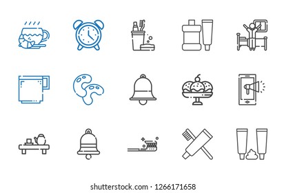 Morning Icons Set. Collection Of Morning With Toothpaste, Tooth Brush, Bell, Tea, Notification, Cup, Beans, Coffee Cup, Wake Up, Toothbrush. Editable And Scalable Morning Icons.