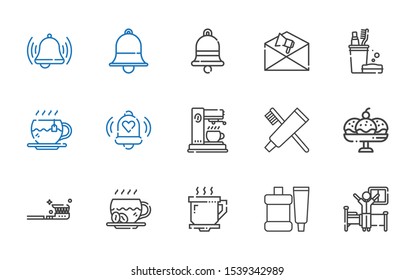 morning icons set. Collection of morning with wake up, toothpaste, coffee cup, coffee, tooth brush, cup, coffee maker, bell, tea, toothbrush. Editable and scalable morning icons.