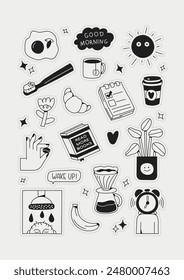 Сollection of morning items. Good morning. Set of stickers. Coffee, croissant, morning shower. Black and white vector illustration.