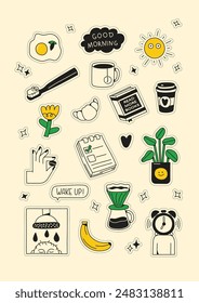 Сollection of morning items. Good morning. Set of stickers. Coffee, croissant, morning shower. Color  vector illustration.