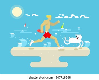 Morning jog on beach. Fitness lifestyle, healthy exercise, jogging run, athlete runner, flat vector illustration