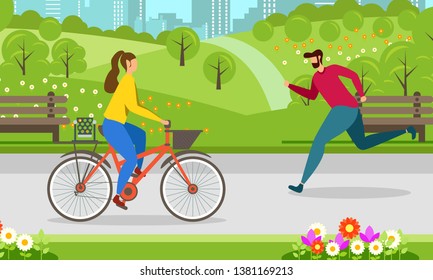 Morning Jogging Cycling in City Park Healthy Lifestyle Motivate Banner outdoor activity Vector Illustration Man Running and Woman Riding Bicycle Outside Fitness Exercise on Nature Workout Inspiration