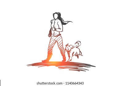 Morning jogging, walking, exercise, woman, activity concept. Hand drawn girl running with her dog concept sketch. Isolated vector illustration.