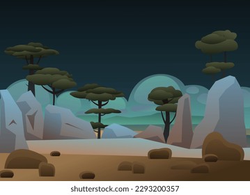 Morning landscape before sunrise. Warm dark southern night. Twilight landscape. African acacia. Trees green foliage. Cartoon fun style. Flat design. Vector