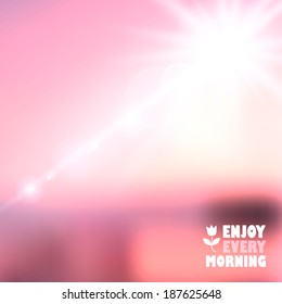 Morning landscape blur background with sun burst. Vector illustration