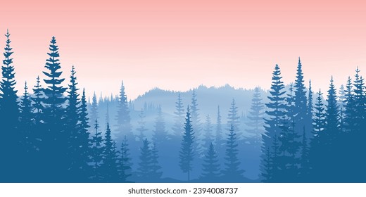 Morning landscape, dawn, forested hills, vector illustration