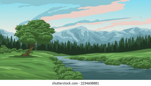 Morning landscape in forest with river and mountain. Vector scenery illustration